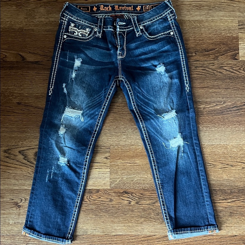 Rock Revival Dark Blue Distressed Jeans with Contrast Stitching